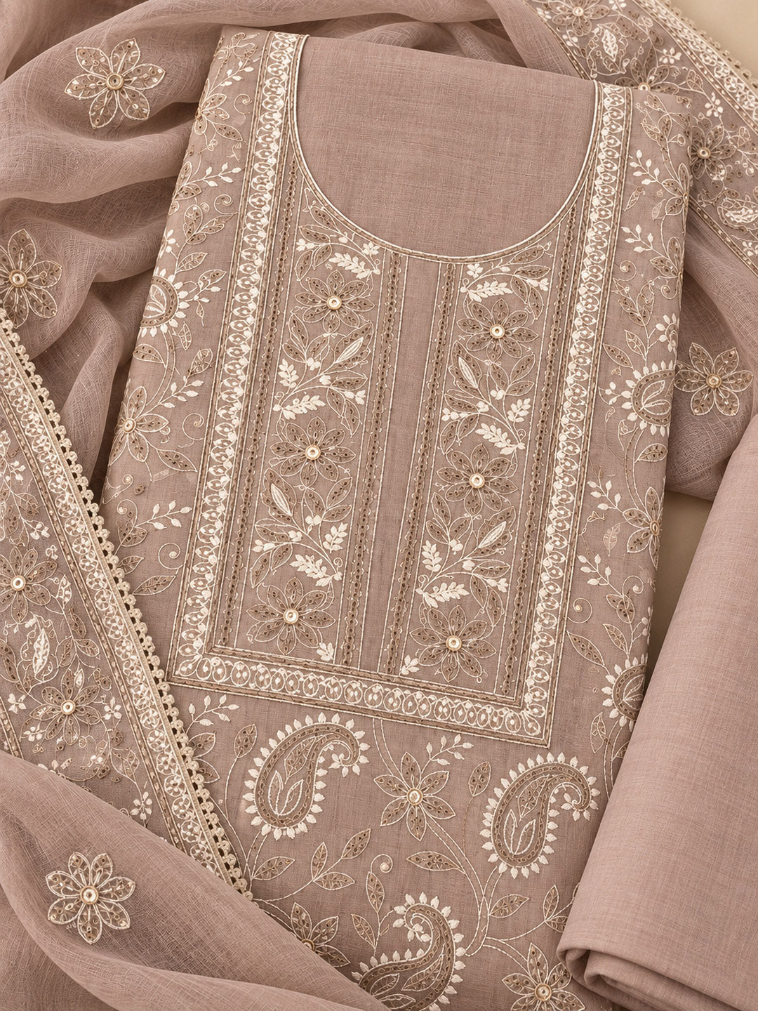 Beige Chanderi Embroidered Unstitched Dress Material