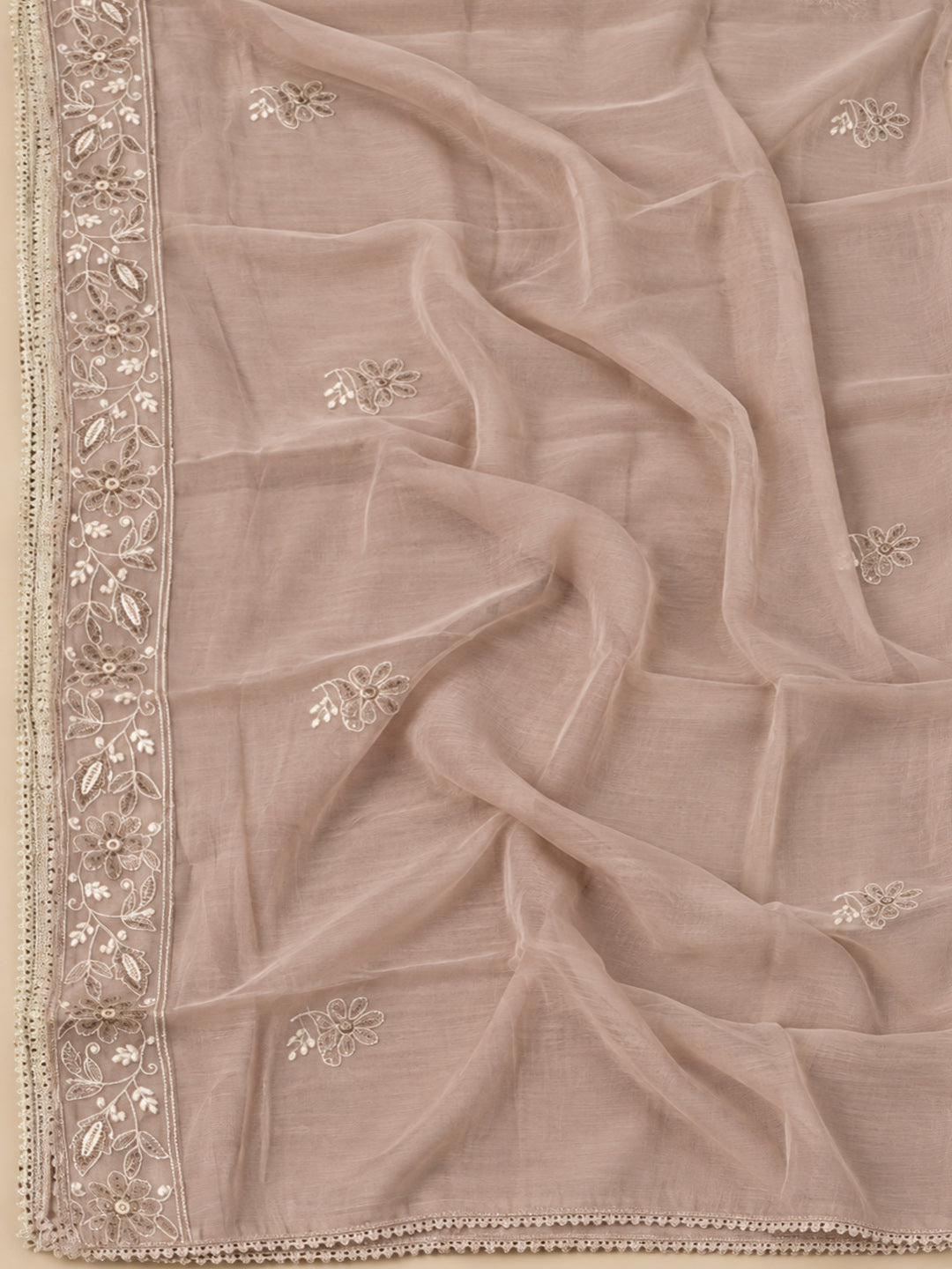 Beige Chanderi Embroidered Unstitched Dress Material