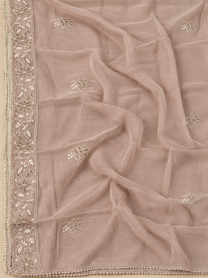 Beige Chanderi Embroidered Unstitched Dress Material