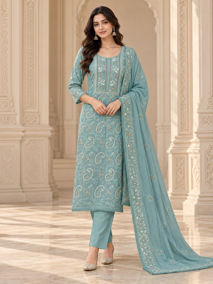 Lavender Chanderi Embroidered Unstitched Dress Material