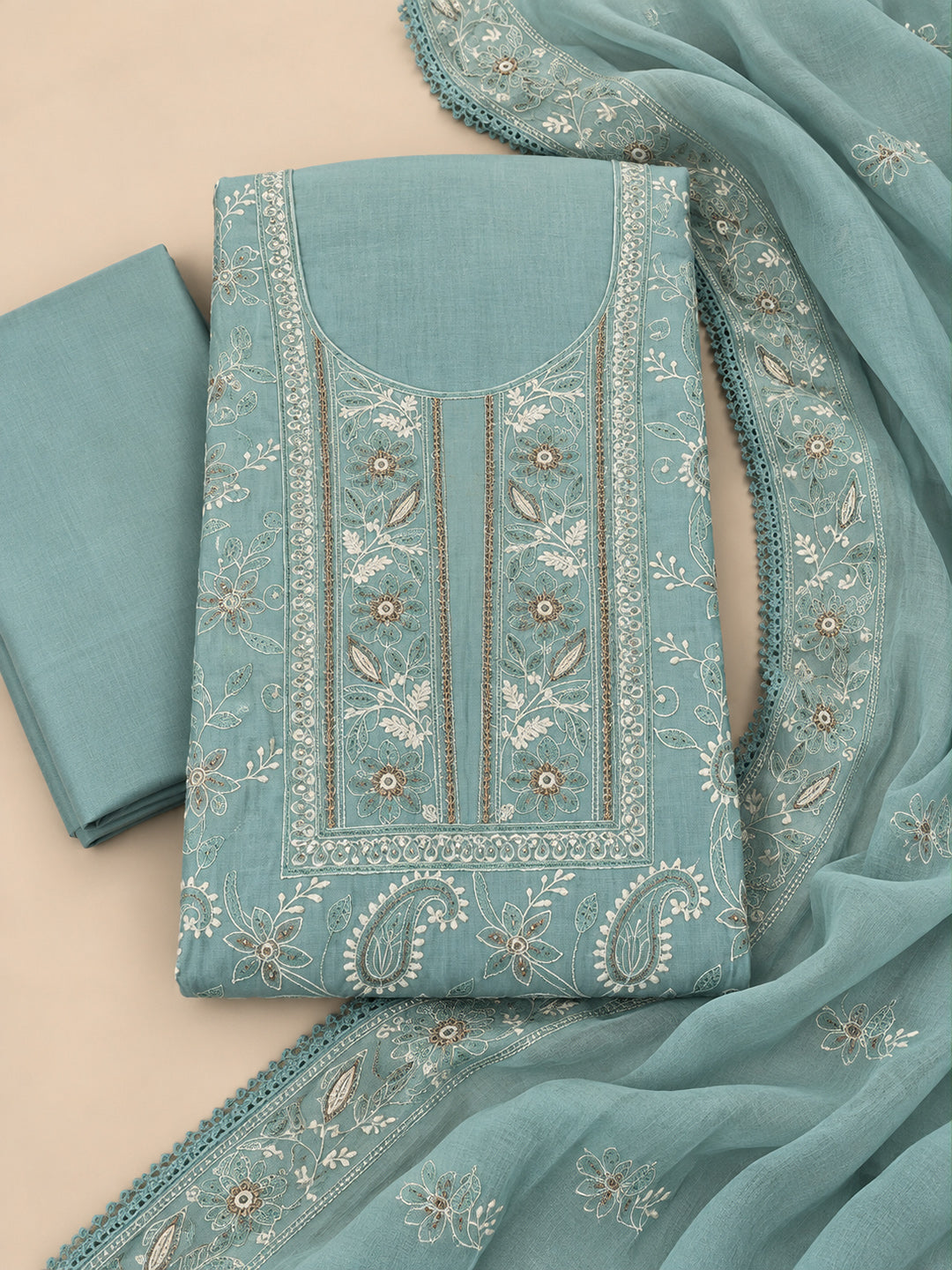 Lavender Chanderi Embroidered Unstitched Dress Material