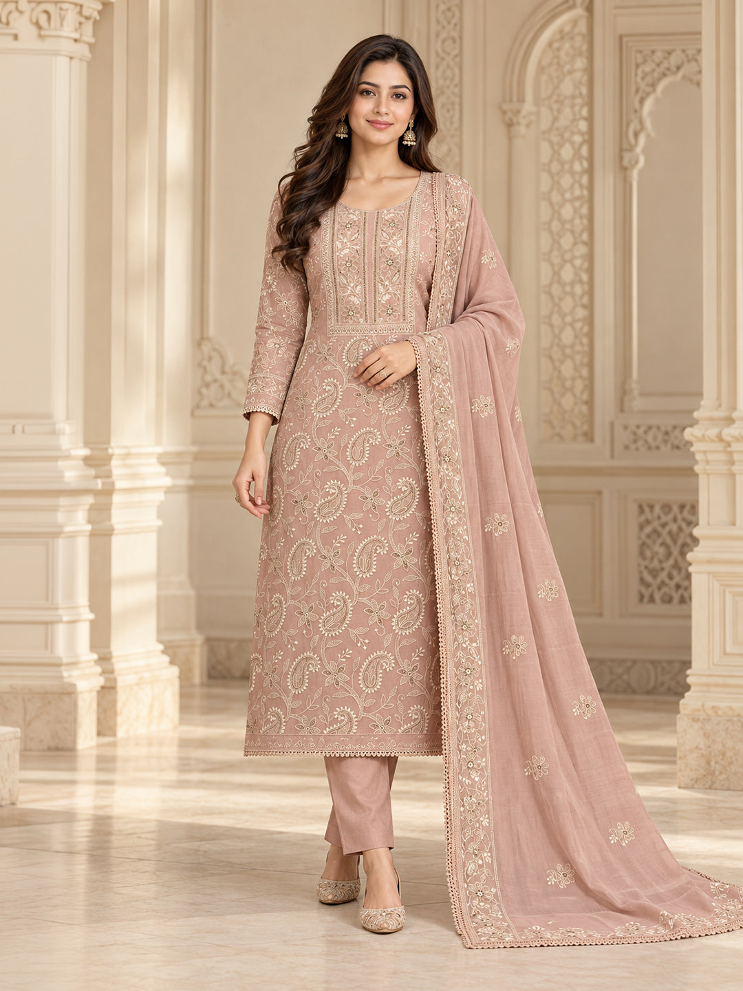 Peach Chanderi Embroidered Unstitched Dress Material