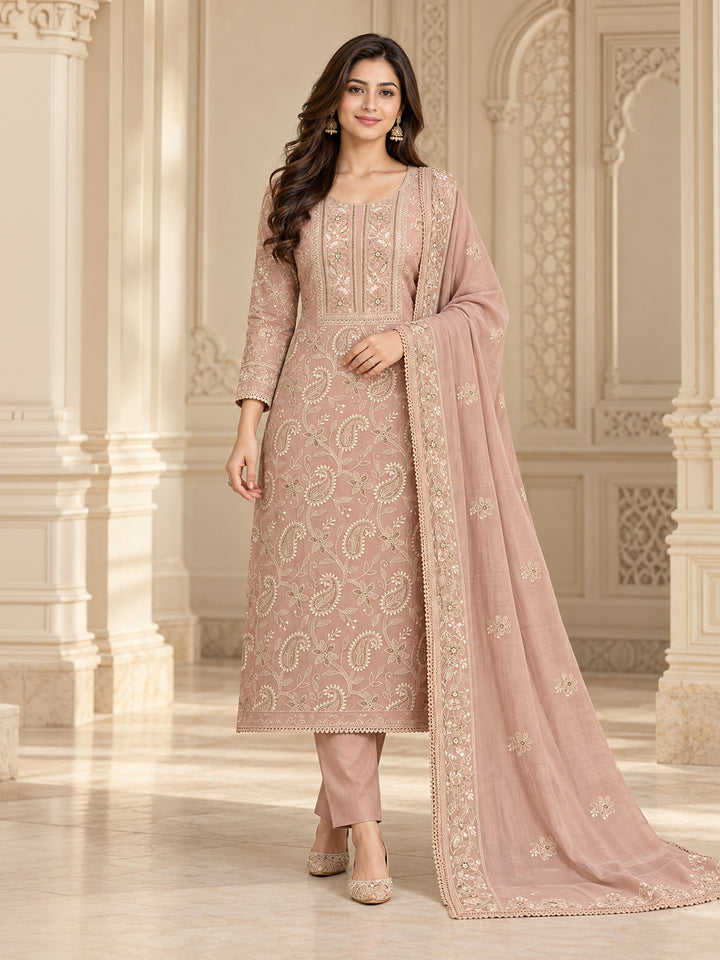 Peach Chanderi Embroidered Unstitched Dress Material