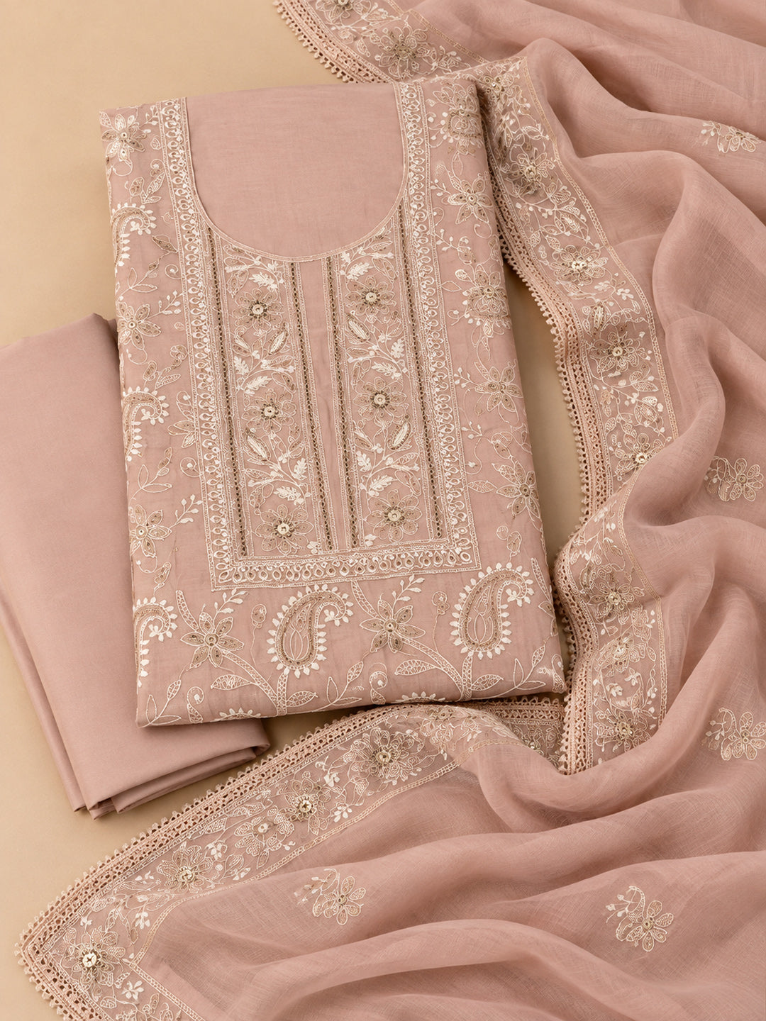 Peach Chanderi Embroidered Unstitched Dress Material