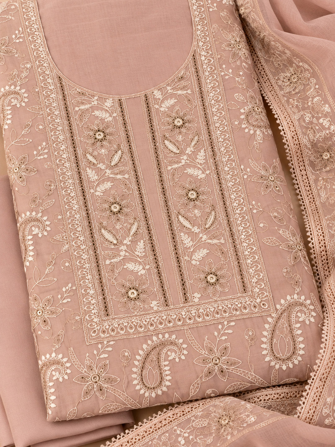 Peach Chanderi Embroidered Unstitched Dress Material