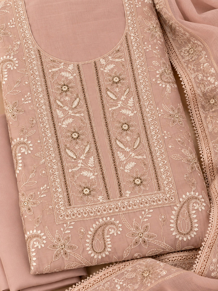 Peach Chanderi Embroidered Unstitched Dress Material