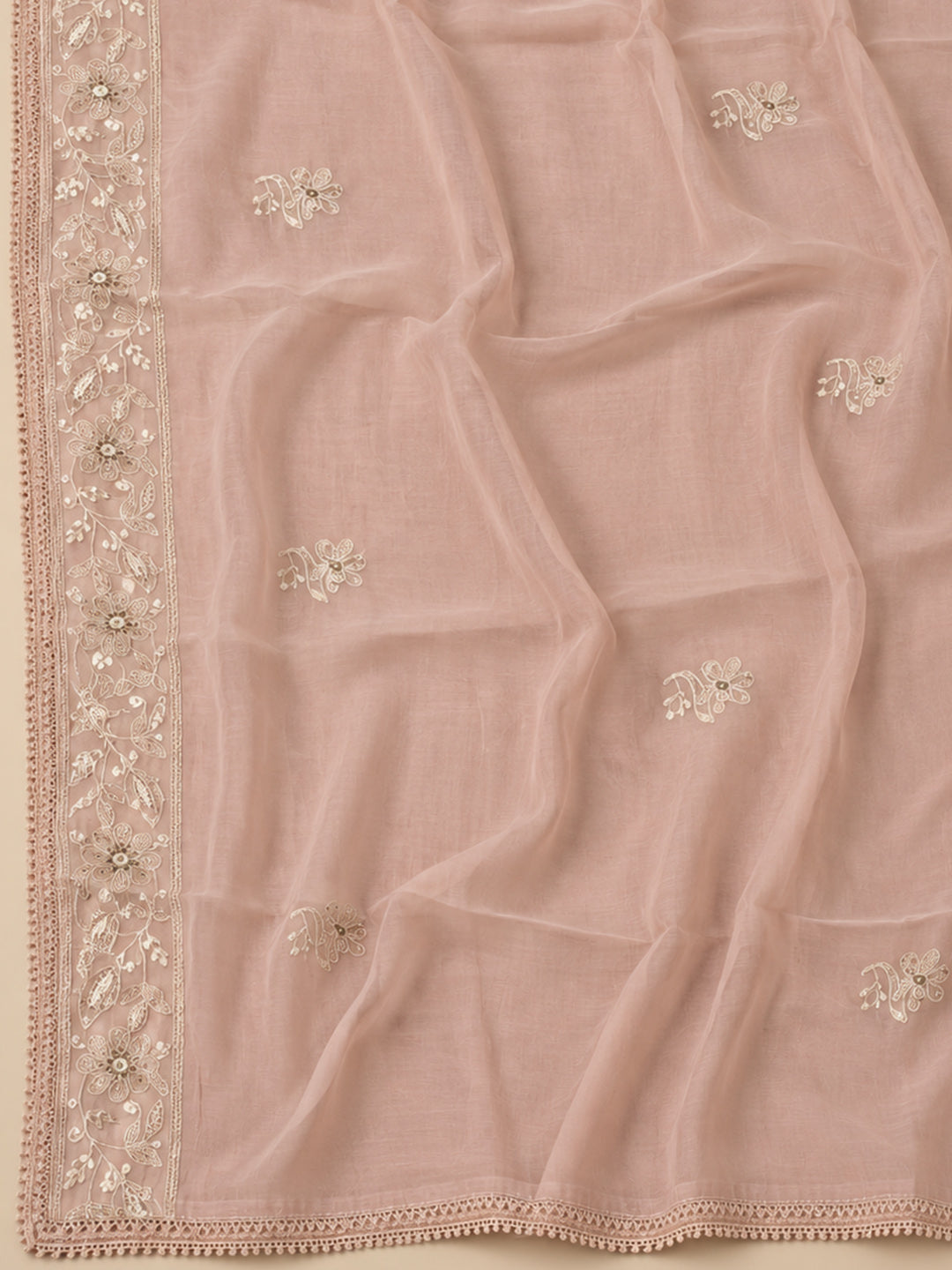 Peach Chanderi Embroidered Unstitched Dress Material