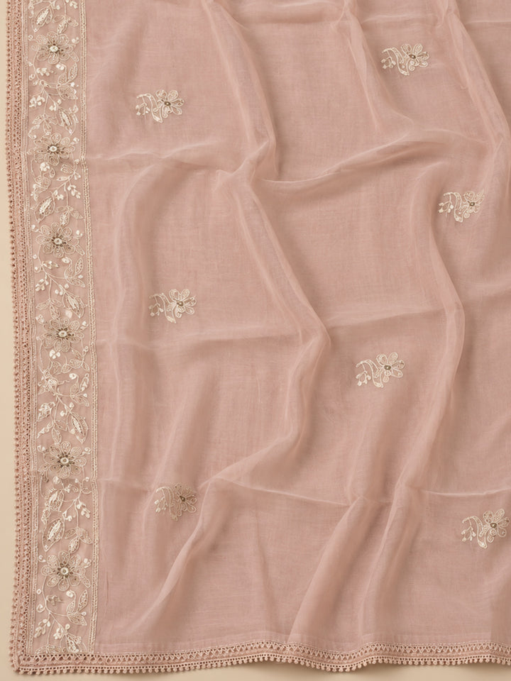 Peach Chanderi Embroidered Unstitched Dress Material