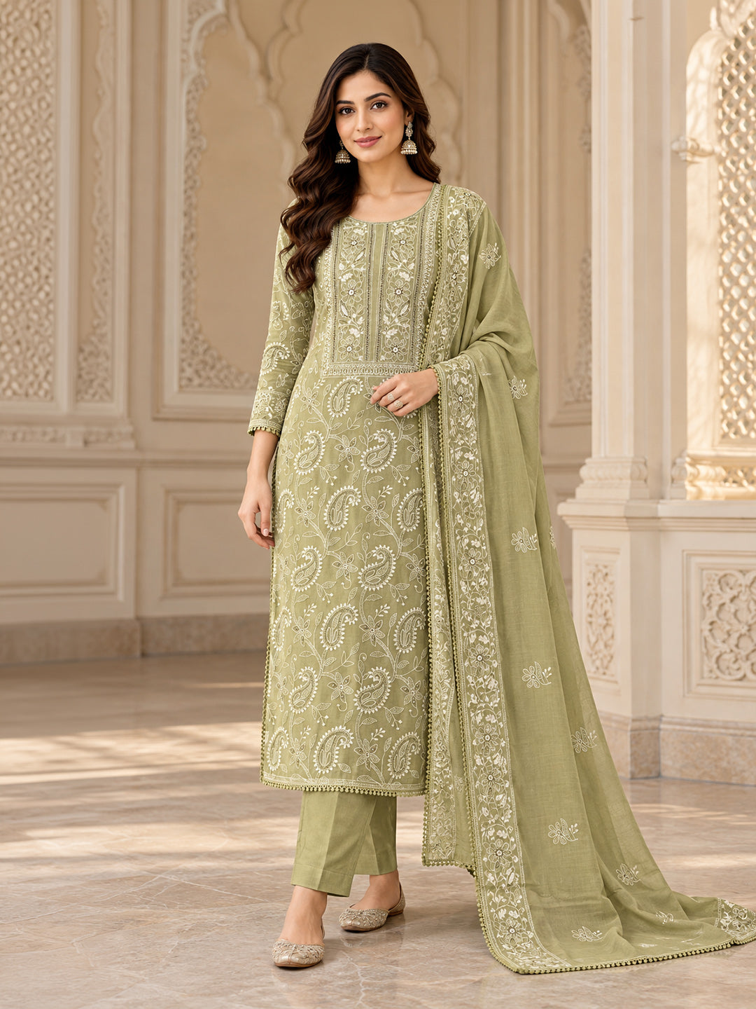 Sea-Green Chanderi Embroidered Unstitched Dress Material
