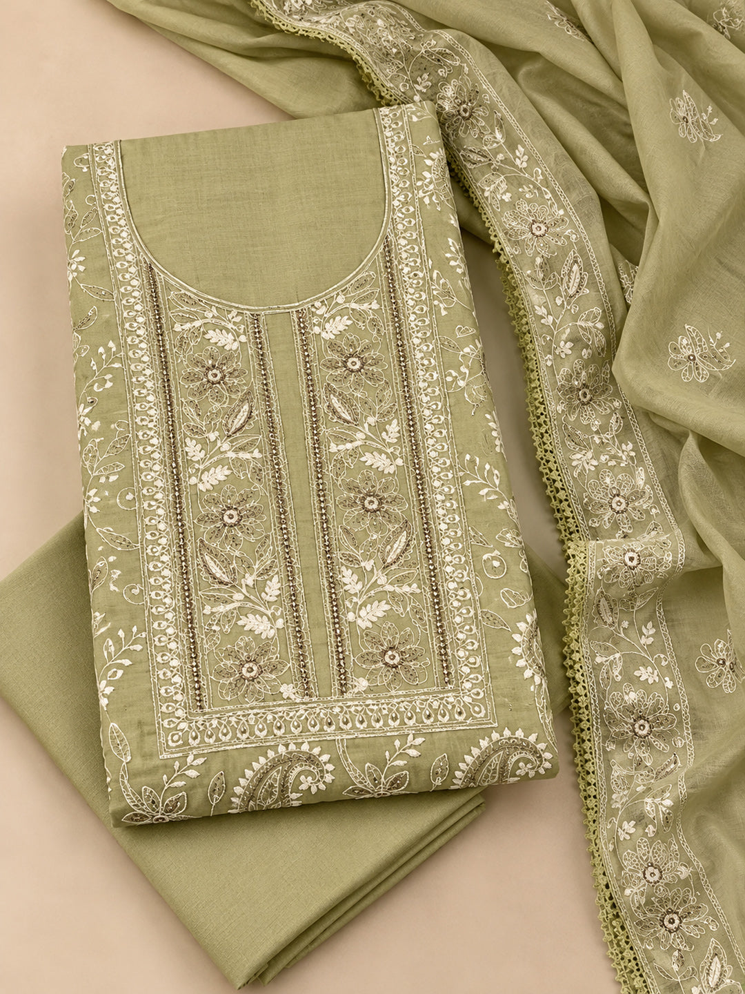 Sea-Green Chanderi Embroidered Unstitched Dress Material