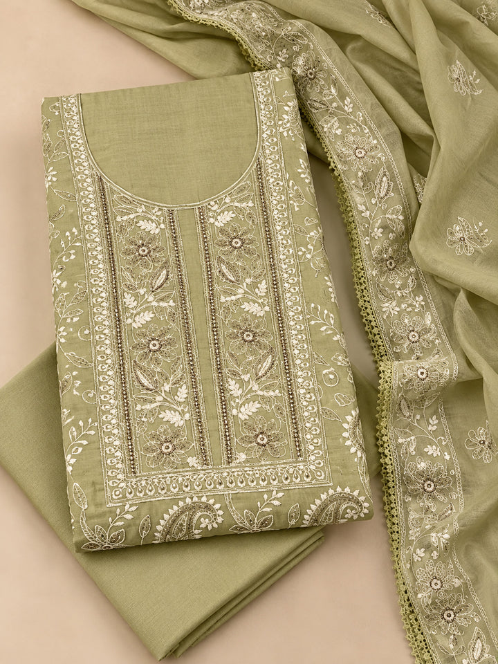 Sea-Green Chanderi Embroidered Unstitched Dress Material