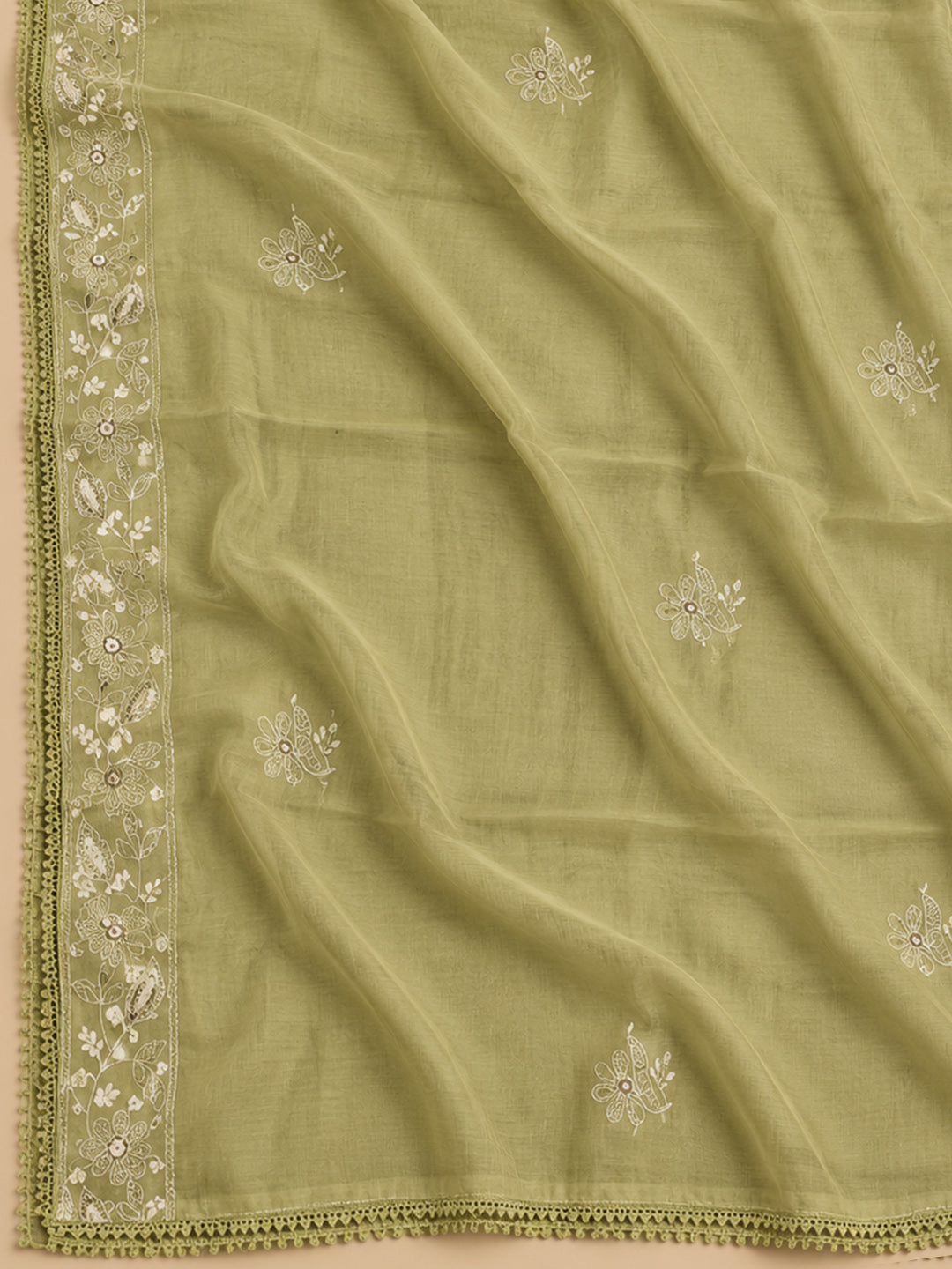 Sea-Green Chanderi Embroidered Unstitched Dress Material