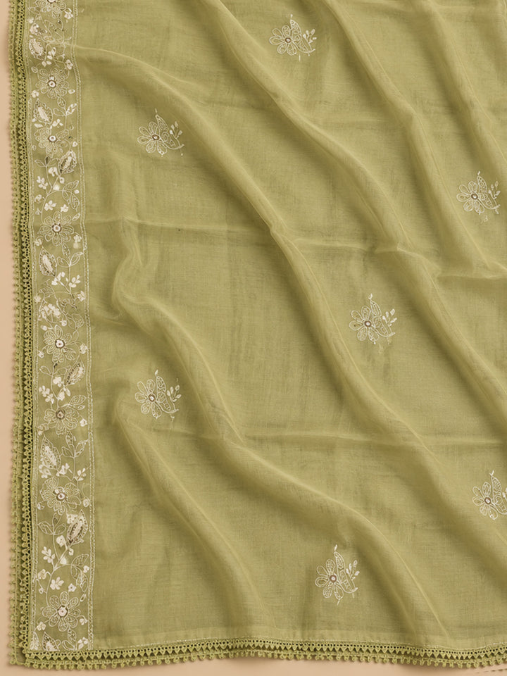 Sea-Green Chanderi Embroidered Unstitched Dress Material