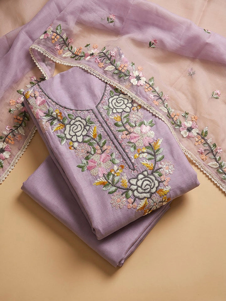 Onion Pink Chanderi Embroidered Unstitched Dress Material