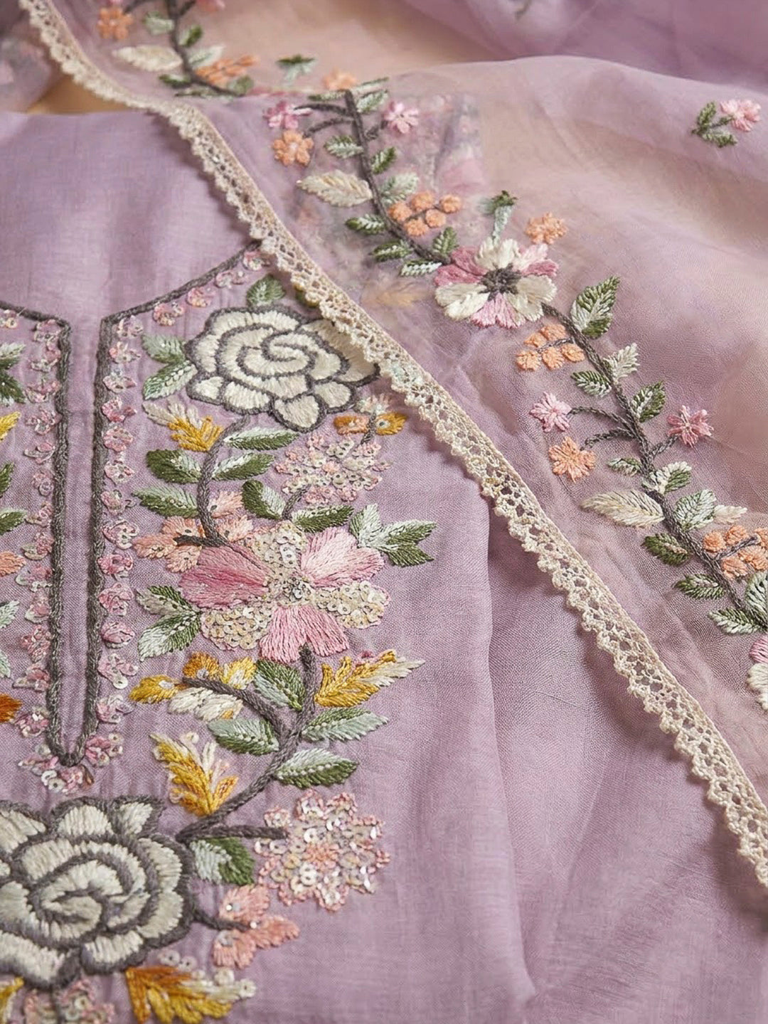 Onion Pink Chanderi Embroidered Unstitched Dress Material