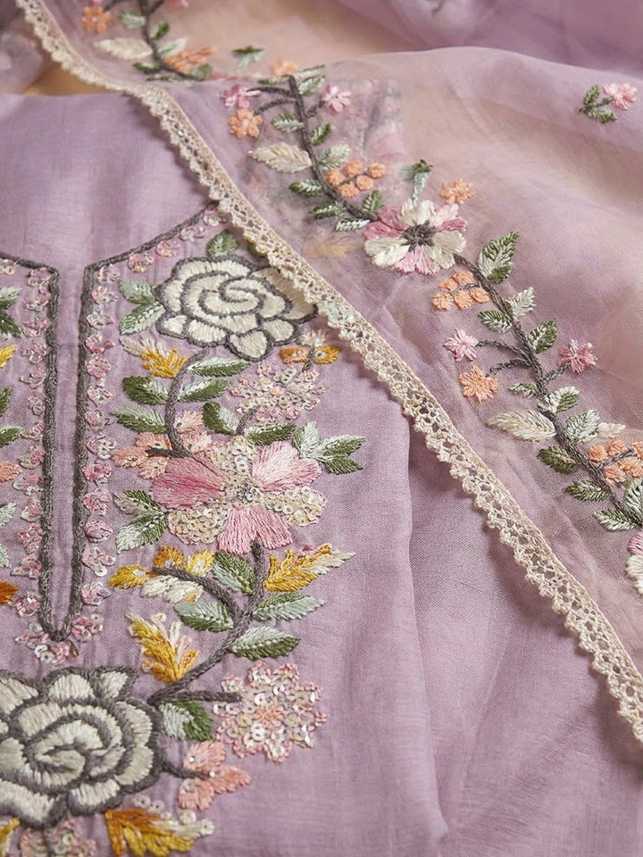 Onion Pink Chanderi Embroidered Unstitched Dress Material