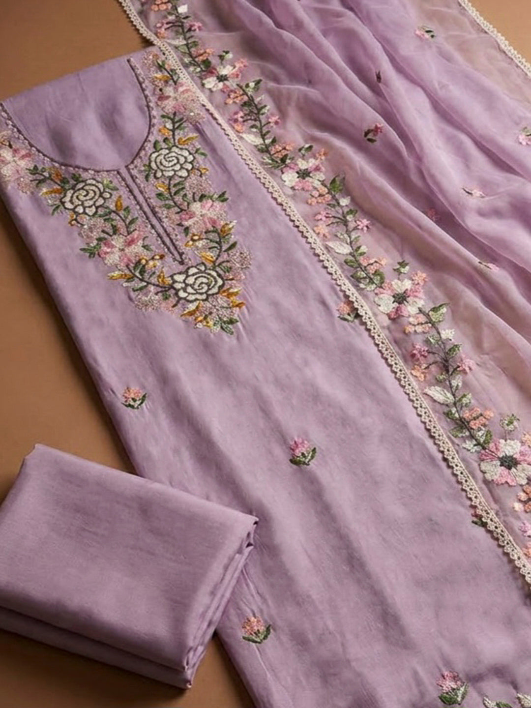 Onion Pink Chanderi Embroidered Unstitched Dress Material