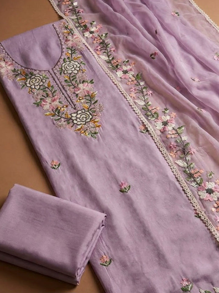 Onion Pink Chanderi Embroidered Unstitched Dress Material