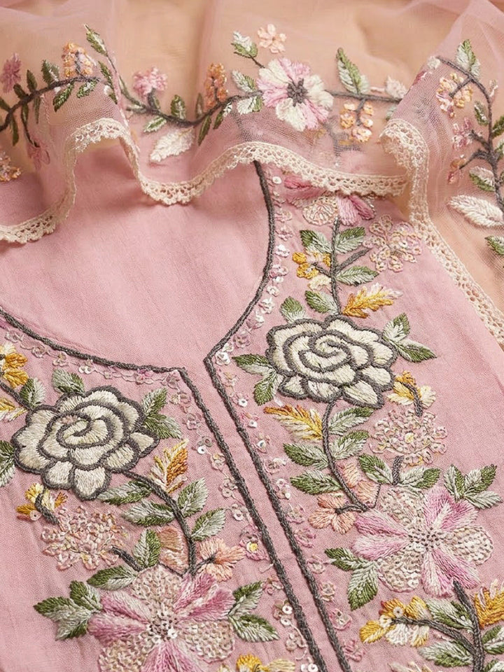 Peach Chanderi Embroidered Unstitched Dress Material