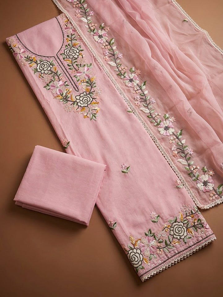 Peach Chanderi Embroidered Unstitched Dress Material