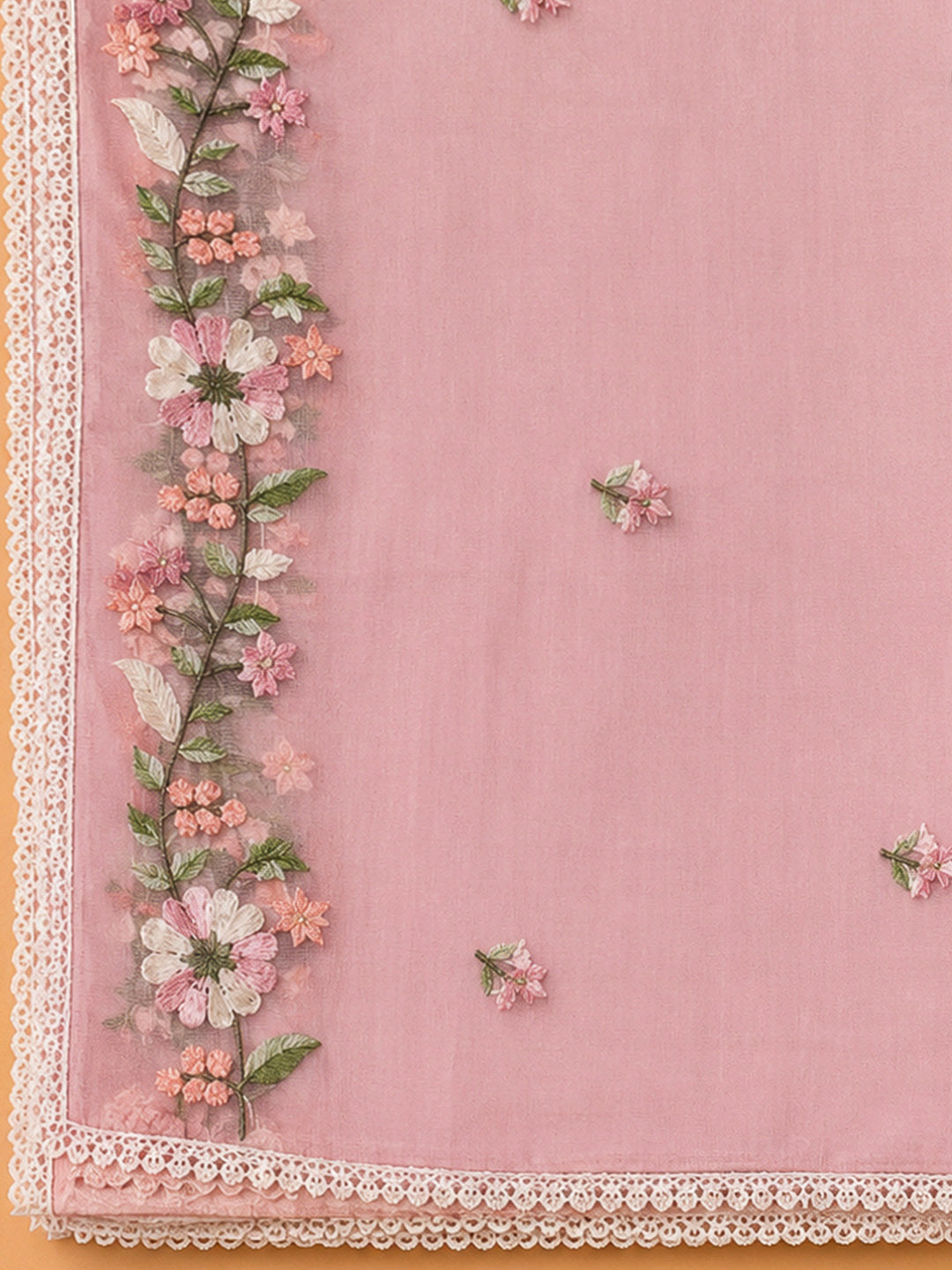 Peach Chanderi Embroidered Unstitched Dress Material