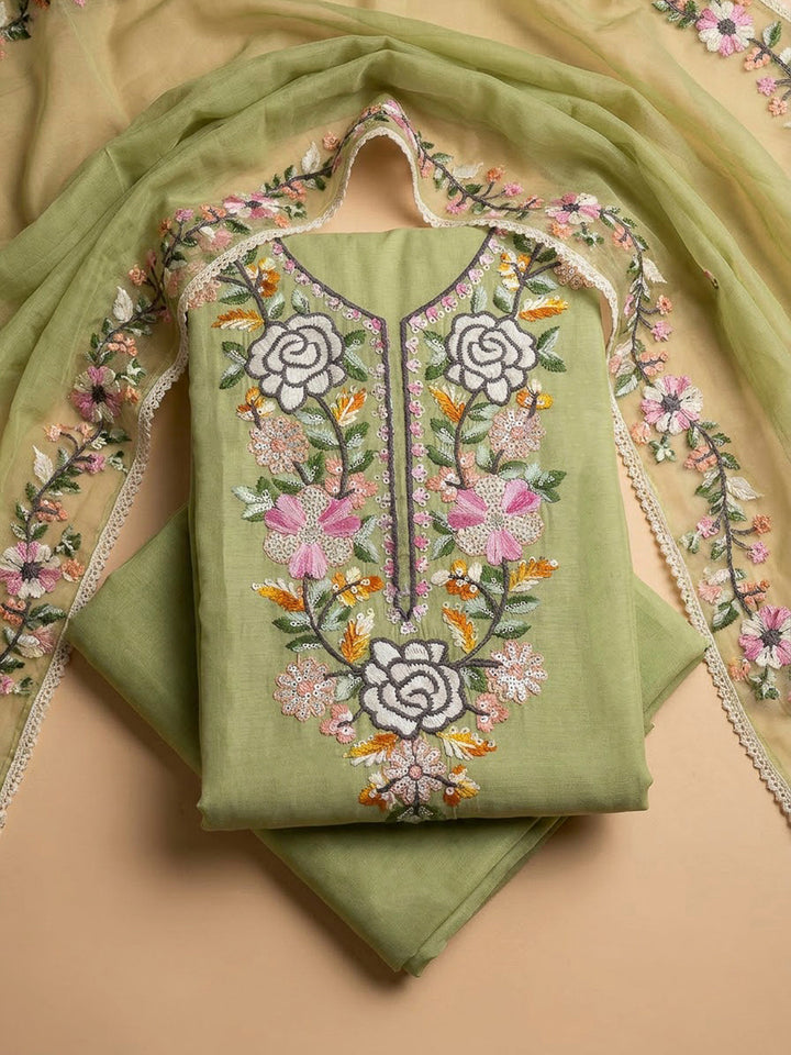 Pista Green Chanderi Embroidered Unstitched Dress Material