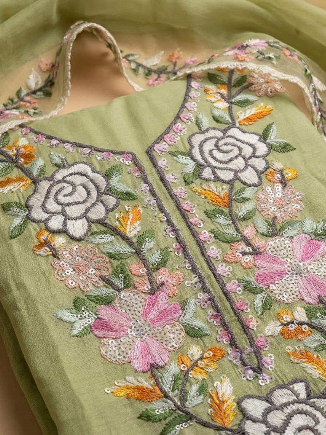 Pista Green Chanderi Embroidered Unstitched Dress Material