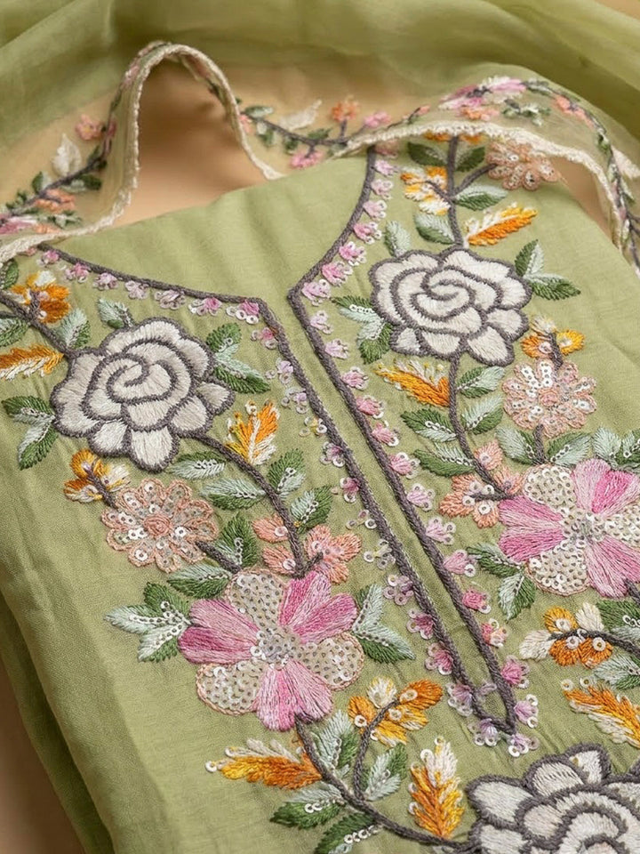 Pista Green Chanderi Embroidered Unstitched Dress Material