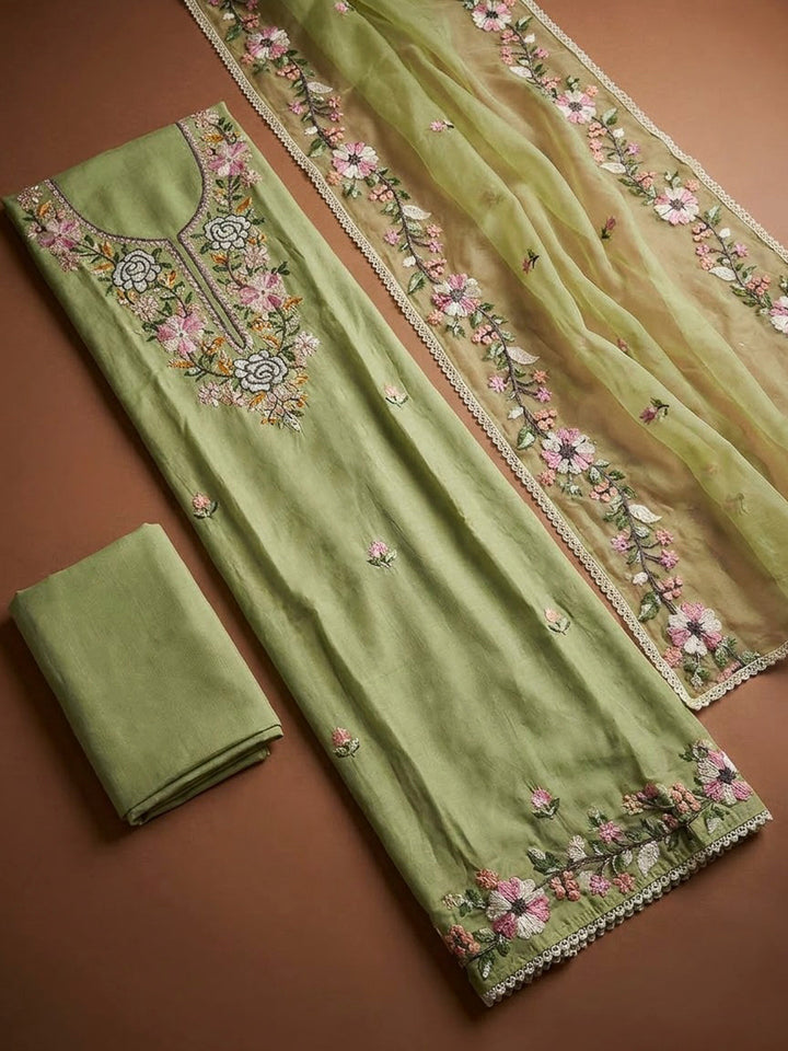 Pista Green Chanderi Embroidered Unstitched Dress Material