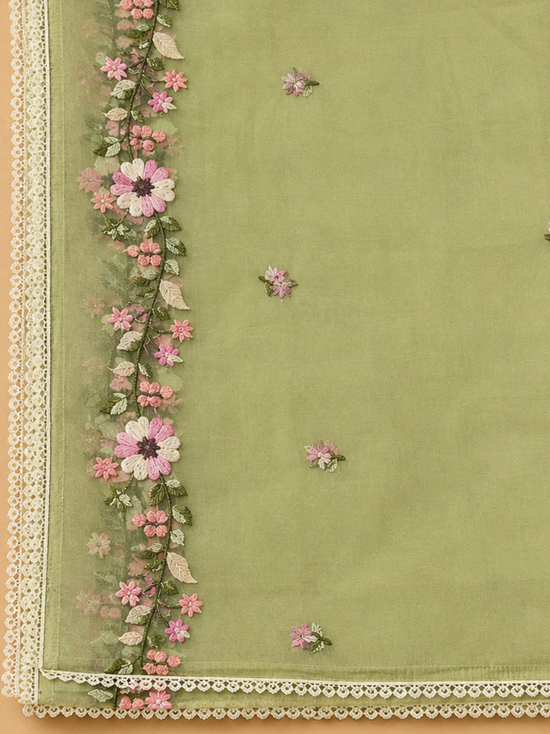 Pista Green Chanderi Embroidered Unstitched Dress Material