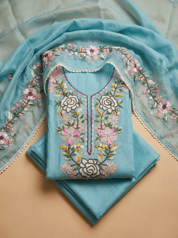 Sky Blue Chanderi Embroidered Unstitched Dress Material