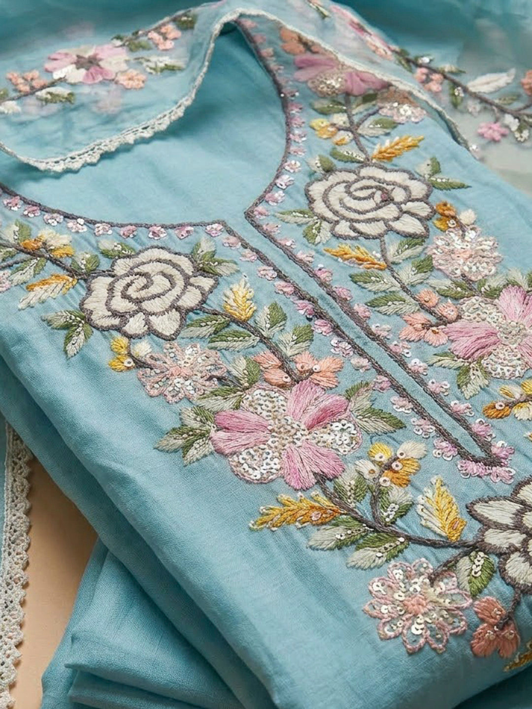 Sky Blue Chanderi Embroidered Unstitched Dress Material