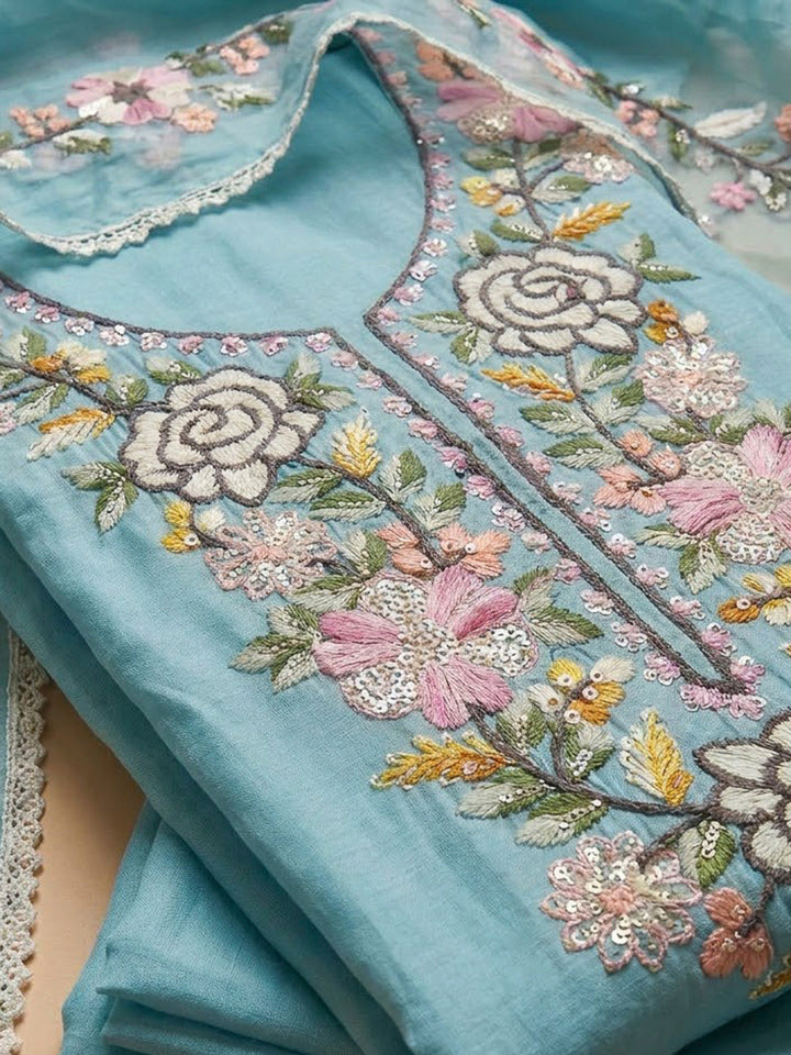 Sky Blue Chanderi Embroidered Unstitched Dress Material