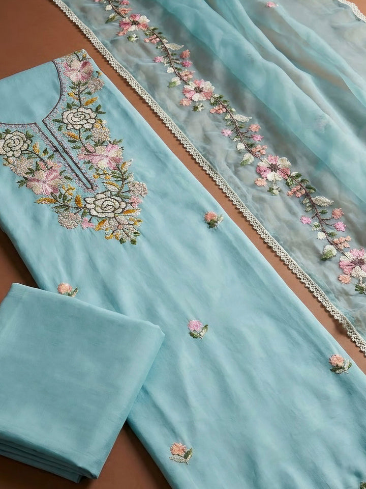 Sky Blue Chanderi Embroidered Unstitched Dress Material