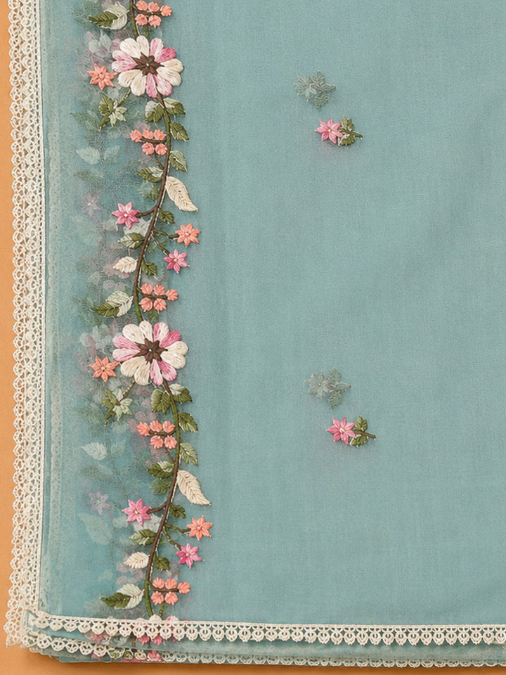 Sky Blue Chanderi Embroidered Unstitched Dress Material