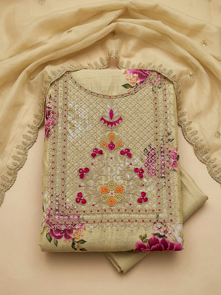 Beige Chanderi Embroidered Unstitched Dress Material