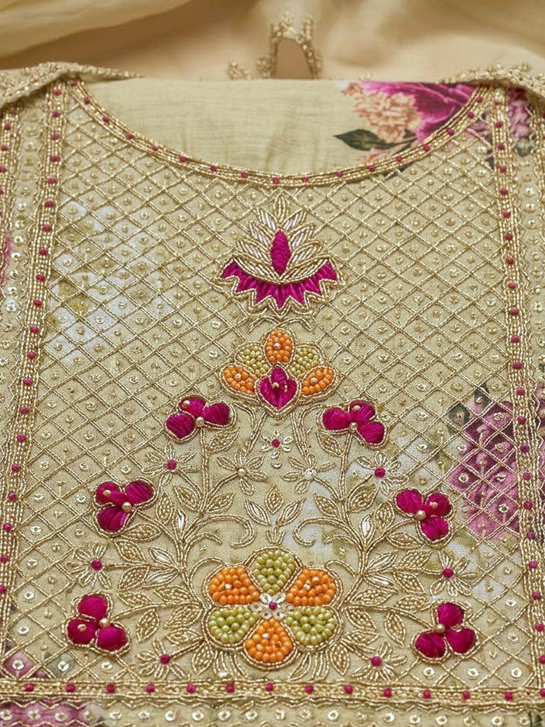 Beige Chanderi Embroidered Unstitched Dress Material