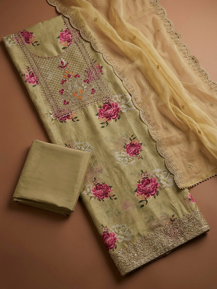 Beige Chanderi Embroidered Unstitched Dress Material