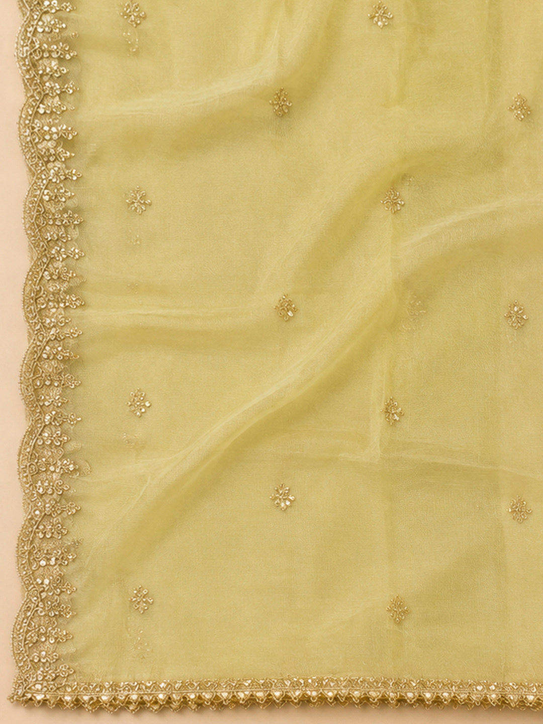 Beige Chanderi Embroidered Unstitched Dress Material