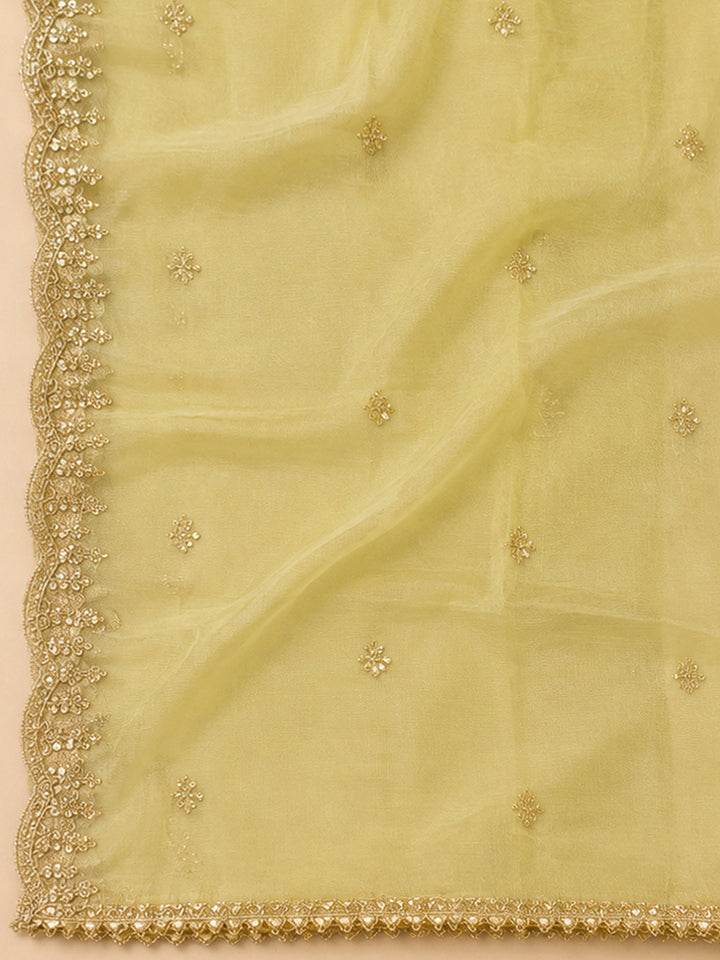 Beige Chanderi Embroidered Unstitched Dress Material