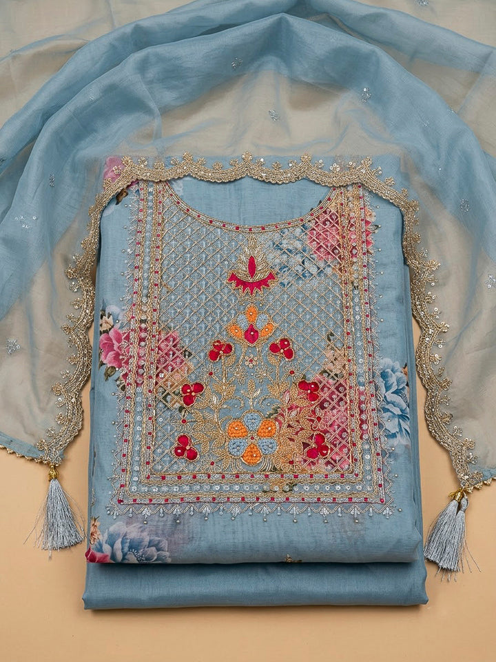 Blue Chanderi Embroidered Unstitched Dress Material