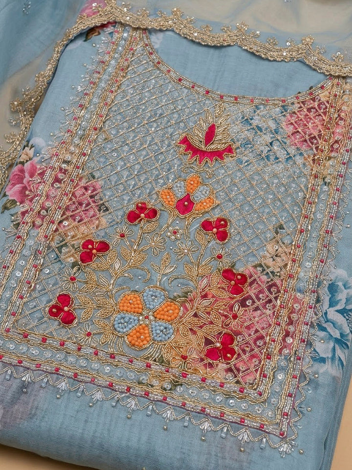 Blue Chanderi Embroidered Unstitched Dress Material