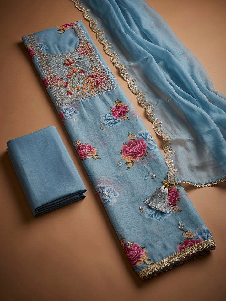 Blue Chanderi Embroidered Unstitched Dress Material