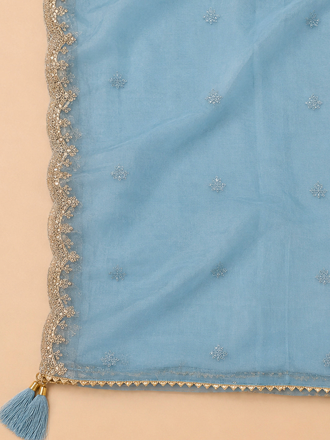 Blue Chanderi Embroidered Unstitched Dress Material