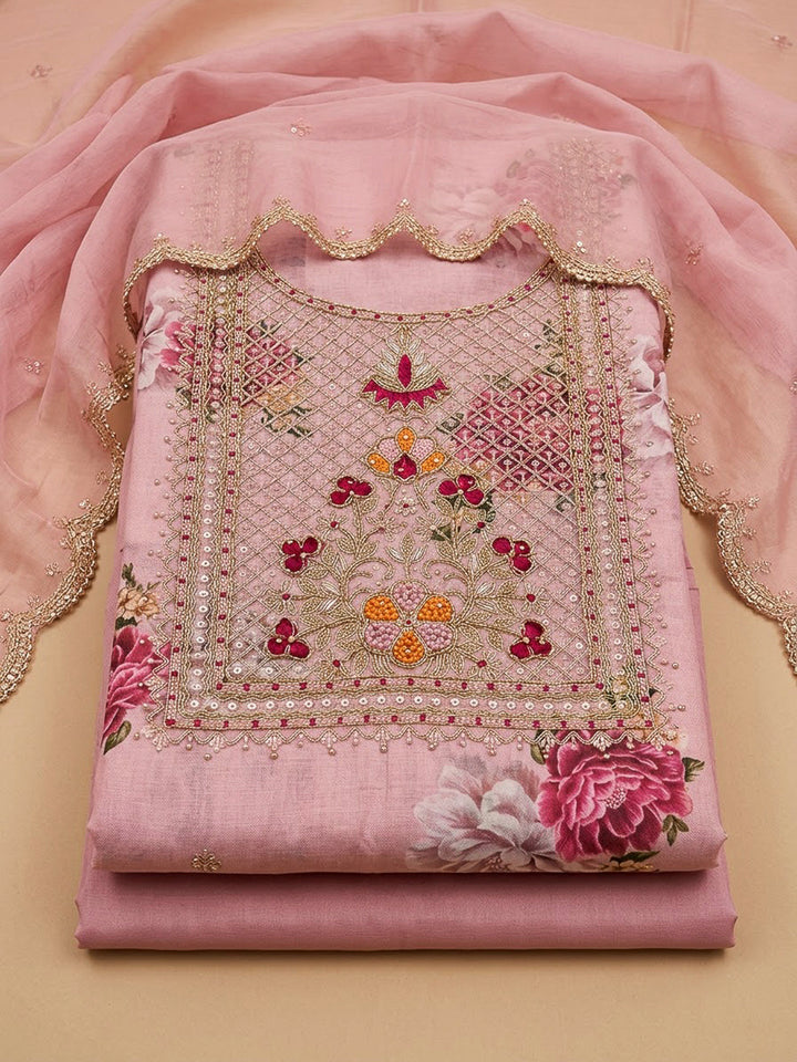 Onion Pink Chanderi Embroidered Unstitched Dress Material