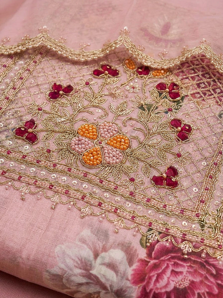 Onion Pink Chanderi Embroidered Unstitched Dress Material