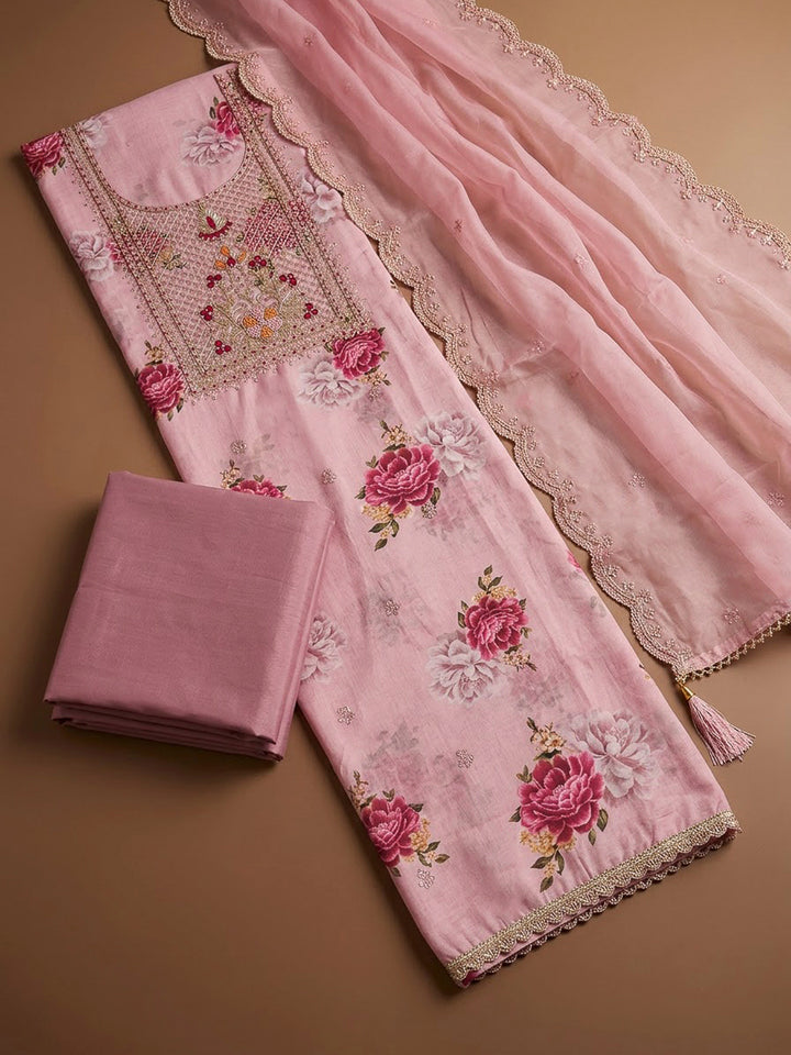 Onion Pink Chanderi Embroidered Unstitched Dress Material