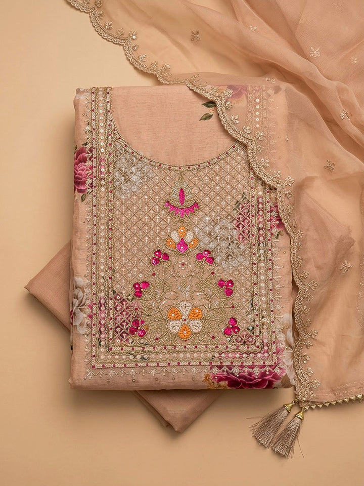 Peach Chanderi Embroidered Unstitched Dress Material