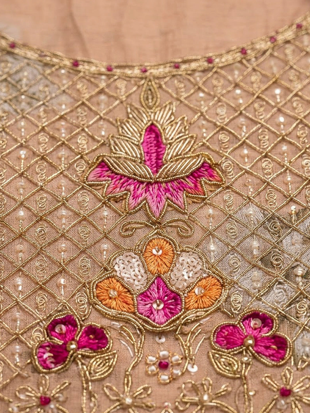 Peach Chanderi Embroidered Unstitched Dress Material