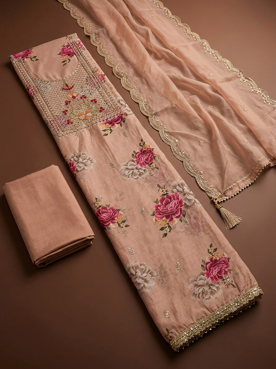 Peach Chanderi Embroidered Unstitched Dress Material